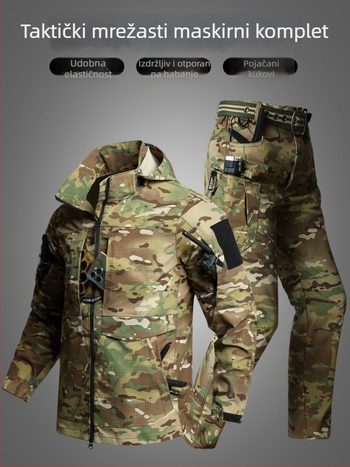 Taktički komplet s kamuflažom: majica i hlače, poliester, otporan na habanje, izdržljiv, za proljeće i jesen.