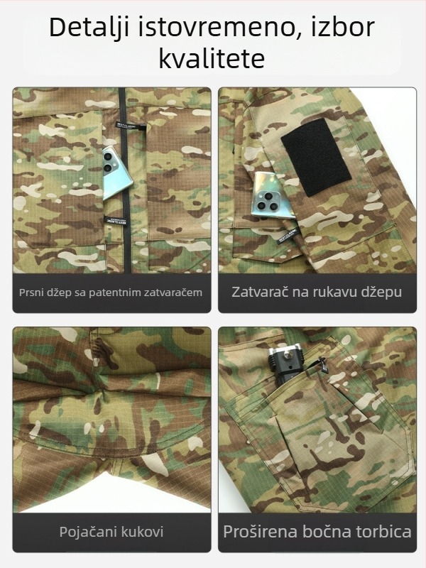Taktički komplet s kamuflažom: majica i hlače, poliester, otporan na habanje, izdržljiv, za proljeće i jesen.