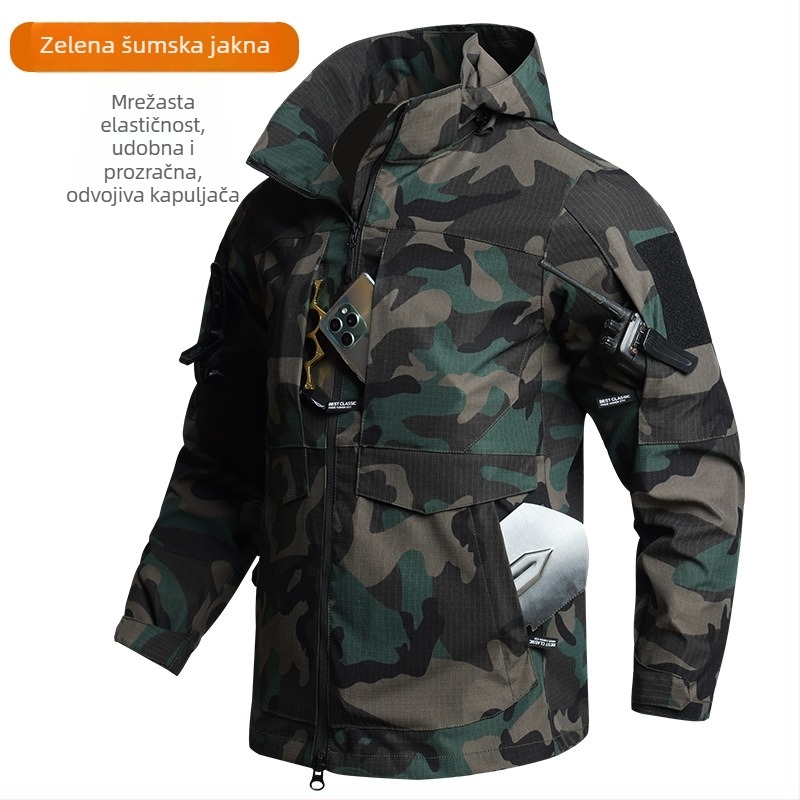 Taktički komplet s kamuflažom: majica i hlače, poliester, otporan na habanje, izdržljiv, za proljeće i jesen.