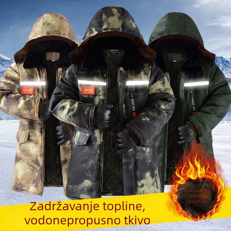 Muški zimski pamučni kaput s flis podstavom, debeli, srednje duljine, vodootporan i otporan na vjetar, kamuflažni uzorak, reflektirajući elementi za noćnu vidljivost