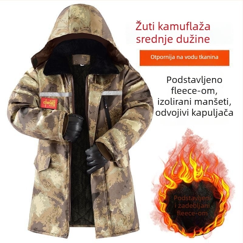 Muški zimski pamučni kaput s flis podstavom, debeli, srednje duljine, vodootporan i otporan na vjetar, kamuflažni uzorak, reflektirajući elementi za noćnu vidljivost