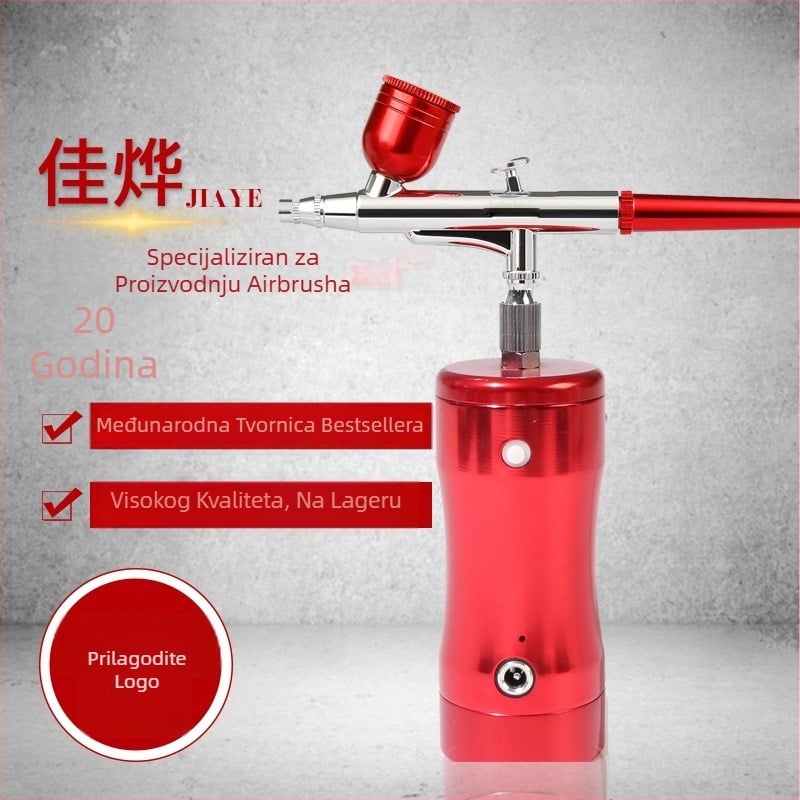 Prijenosni električni aerograf s injektorom kisika — gravitacijski set za slikanje i nokte; ulaz zraka: navoj 1/8 in; radni tlak zraka: 25 psi; način napajanja: gravitacijski; gornji spremnik