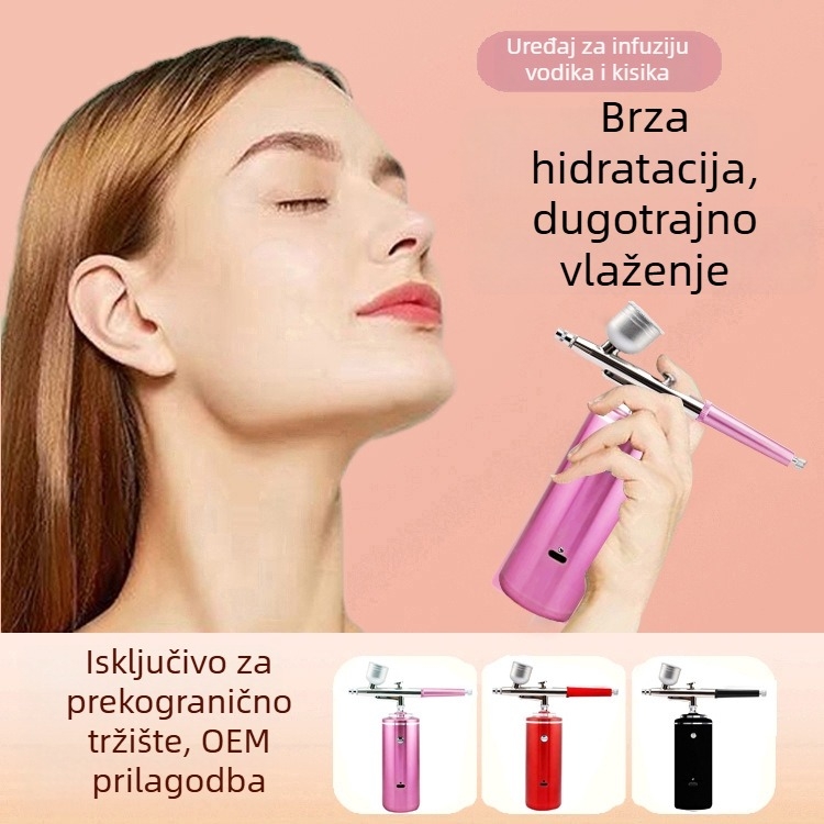 Prijenosni električni set za nokte s hidratacijskim sprejemom i kisikom — aluminijsko kućište; namjena: hidratacija, manikura i tretmani vlasišta; maksimalni tlak 0,2; protok 6; optimalna udaljenost raspršivanja 200.
