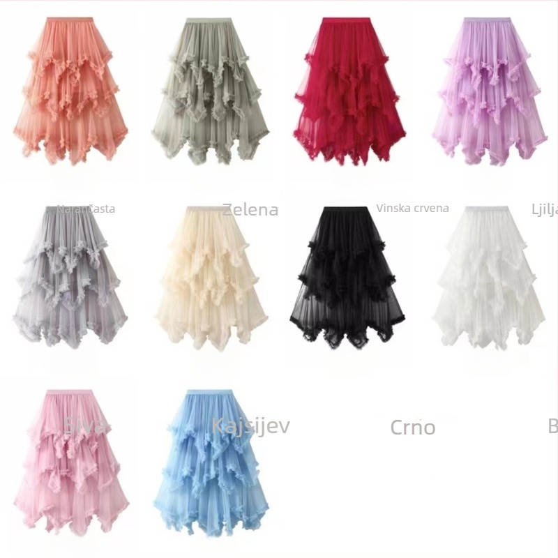 Mrežasta tkanina, visoki struk, nepravilan A-linijski midi suknja, 95% poliester