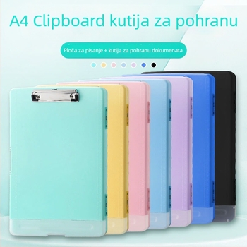 Višefunkcionalna A4 kutija za dokumente s klipom, držačem olovke i plastičnom pločom za pisanje – Materijal: plastika; Format: A4; Dimenzije: 36×24×2.8 cm; Veličina klipa: 10