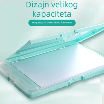 Višefunkcionalna A4 kutija za dokumente s klipom, držačem olovke i plastičnom pločom za pisanje – Materijal: plastika; Format: A4; Dimenzije: 36×24×2.8 cm; Veličina klipa: 10