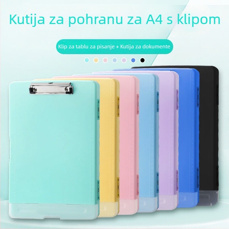 Višefunkcionalna A4 kutija za dokumente s klipom, držačem olovke i plastičnom pločom za pisanje – Materijal: plastika; Format: A4; Dimenzije: 36×24×2.8 cm; Veličina klipa: 10