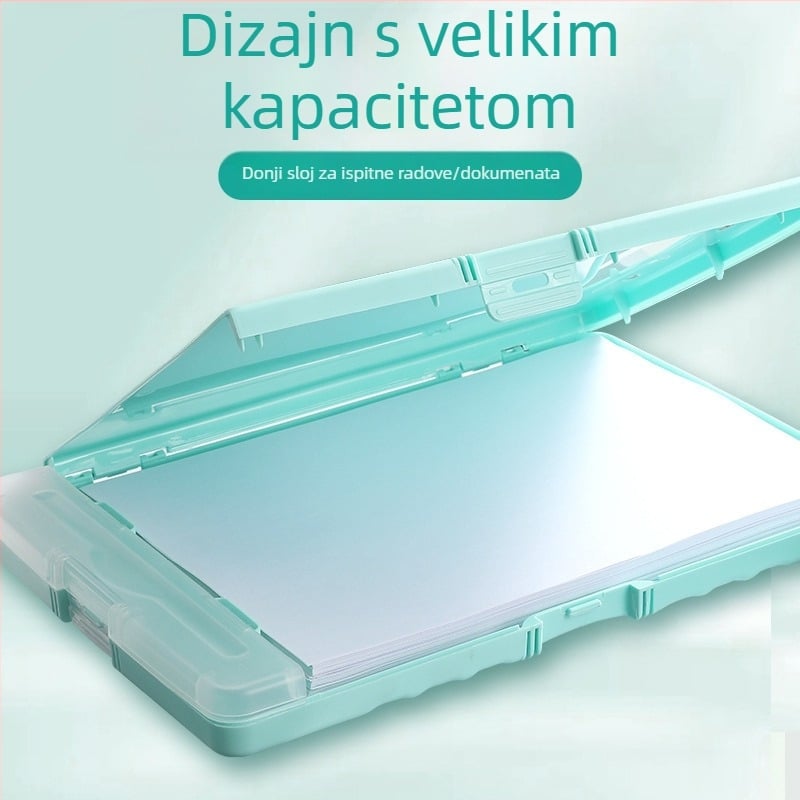 Višefunkcionalna A4 kutija za dokumente s klipom, držačem olovke i plastičnom pločom za pisanje – Materijal: plastika; Format: A4; Dimenzije: 36×24×2.8 cm; Veličina klipa: 10