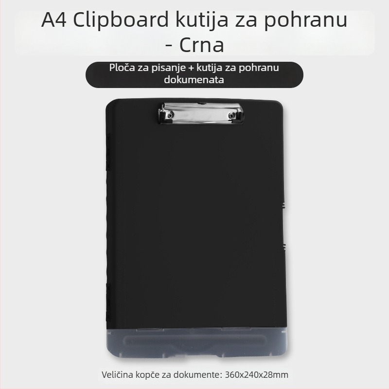 Višefunkcionalna A4 kutija za dokumente s klipom, držačem olovke i plastičnom pločom za pisanje – Materijal: plastika; Format: A4; Dimenzije: 36×24×2.8 cm; Veličina klipa: 10