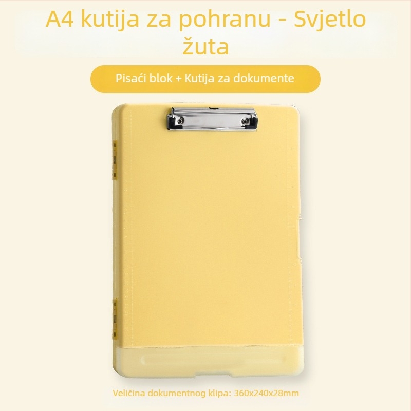 Višefunkcionalna A4 kutija za dokumente s klipom, držačem olovke i plastičnom pločom za pisanje – Materijal: plastika; Format: A4; Dimenzije: 36×24×2.8 cm; Veličina klipa: 10