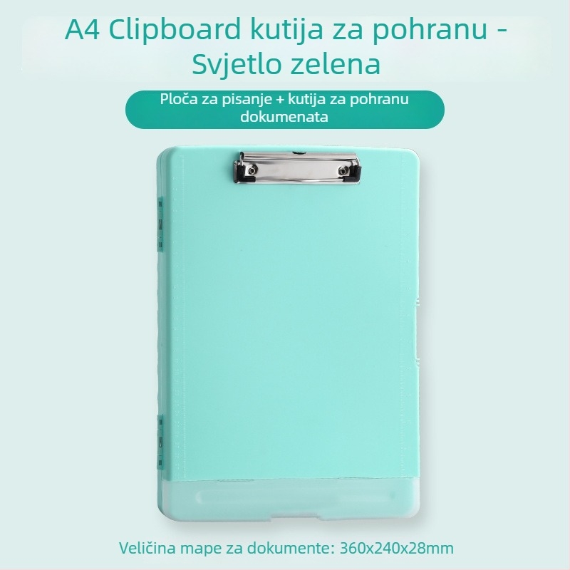 Višefunkcionalna A4 kutija za dokumente s klipom, držačem olovke i plastičnom pločom za pisanje – Materijal: plastika; Format: A4; Dimenzije: 36×24×2.8 cm; Veličina klipa: 10