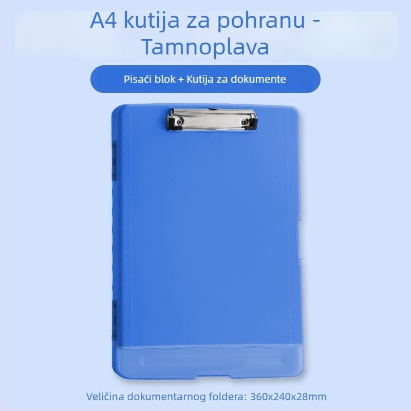 Višefunkcionalna A4 kutija za dokumente s klipom, držačem olovke i plastičnom pločom za pisanje – Materijal: plastika; Format: A4; Dimenzije: 36×24×2.8 cm; Veličina klipa: 10