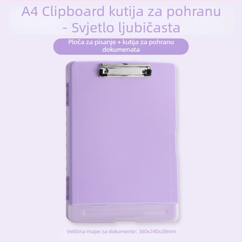 Višefunkcionalna A4 kutija za dokumente s klipom, držačem olovke i plastičnom pločom za pisanje – Materijal: plastika; Format: A4; Dimenzije: 36×24×2.8 cm; Veličina klipa: 10