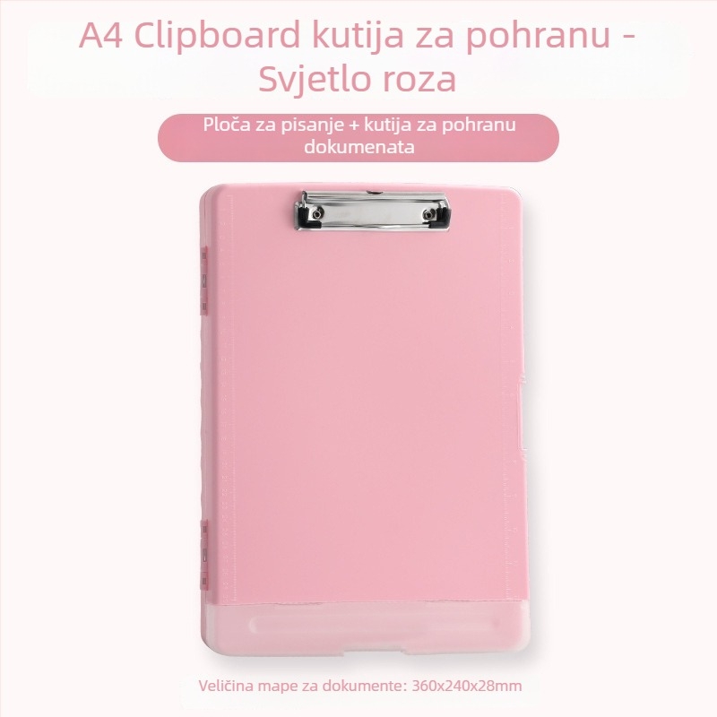 Višefunkcionalna A4 kutija za dokumente s klipom, držačem olovke i plastičnom pločom za pisanje – Materijal: plastika; Format: A4; Dimenzije: 36×24×2.8 cm; Veličina klipa: 10