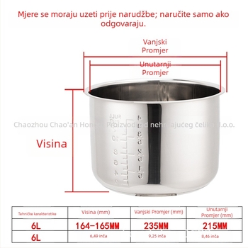 Unutarnja posuda za električni lonac na pritisk, 304 nehrđajući čelik, model 165, dvostruko dno, debeli dno, otporno na koroziju