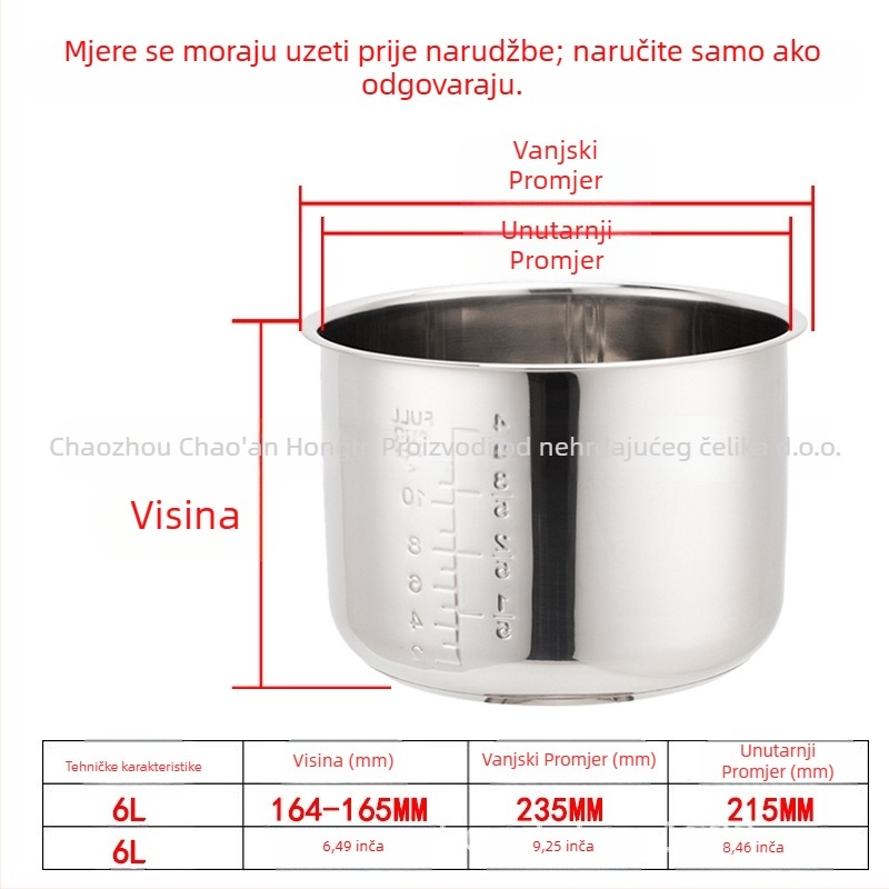 Unutarnja posuda za električni lonac na pritisk, 304 nehrđajući čelik, model 165, dvostruko dno, debeli dno, otporno na koroziju