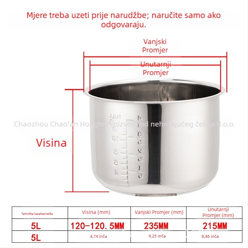 Unutarnja posuda za električni lonac na pritisk, 304 nehrđajući čelik, model 165, dvostruko dno, debeli dno, otporno na koroziju