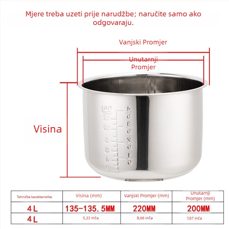 Unutarnja posuda za električni lonac na pritisk, 304 nehrđajući čelik, model 165, dvostruko dno, debeli dno, otporno na koroziju