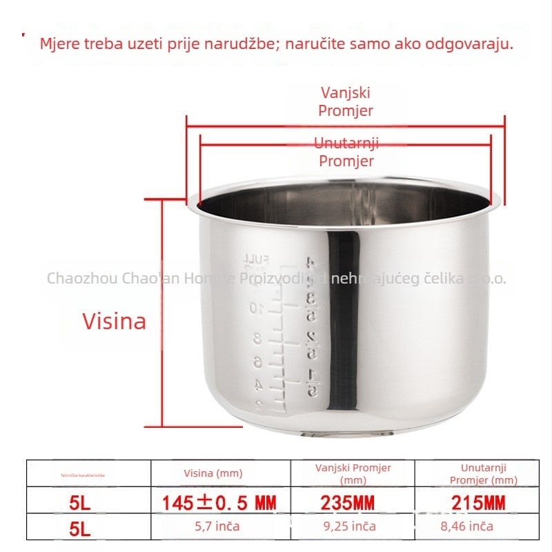 Unutarnja posuda za električni lonac na pritisk, 304 nehrđajući čelik, model 165, dvostruko dno, debeli dno, otporno na koroziju