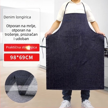 Denim polu duljine pregača s debelim kaišem za vrat, otporna na ulje i habanje, pogodna za tvornice, gradilišta i kuhinje