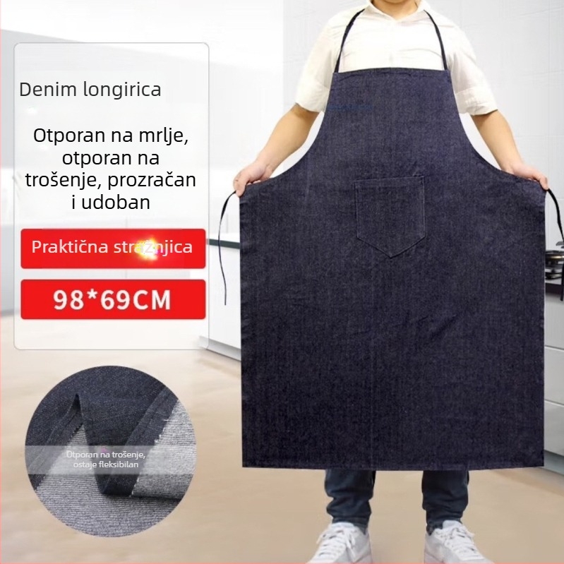 Denim polu duljine pregača s debelim kaišem za vrat, otporna na ulje i habanje, pogodna za tvornice, gradilišta i kuhinje