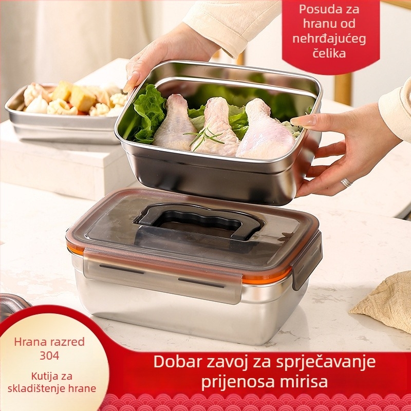 Kutija za ručak od nehrđajućeg čelika, kvadratna, kapacitet 1-2 L, jednodijelna, s poklopcem, prenosiva, čuva hranu svježu
