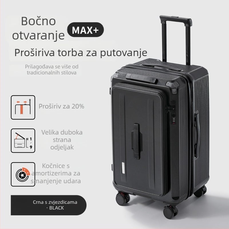 Unisex kofer od 20 inča s bočnim otvorom, proširiva kapaciteta, kotači, USB priključak i kombinirano zaključavanje