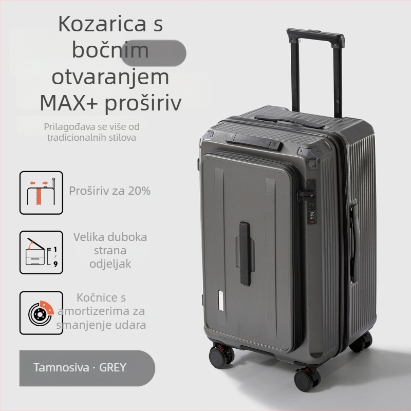 Unisex kofer od 20 inča s bočnim otvorom, proširiva kapaciteta, kotači, USB priključak i kombinirano zaključavanje