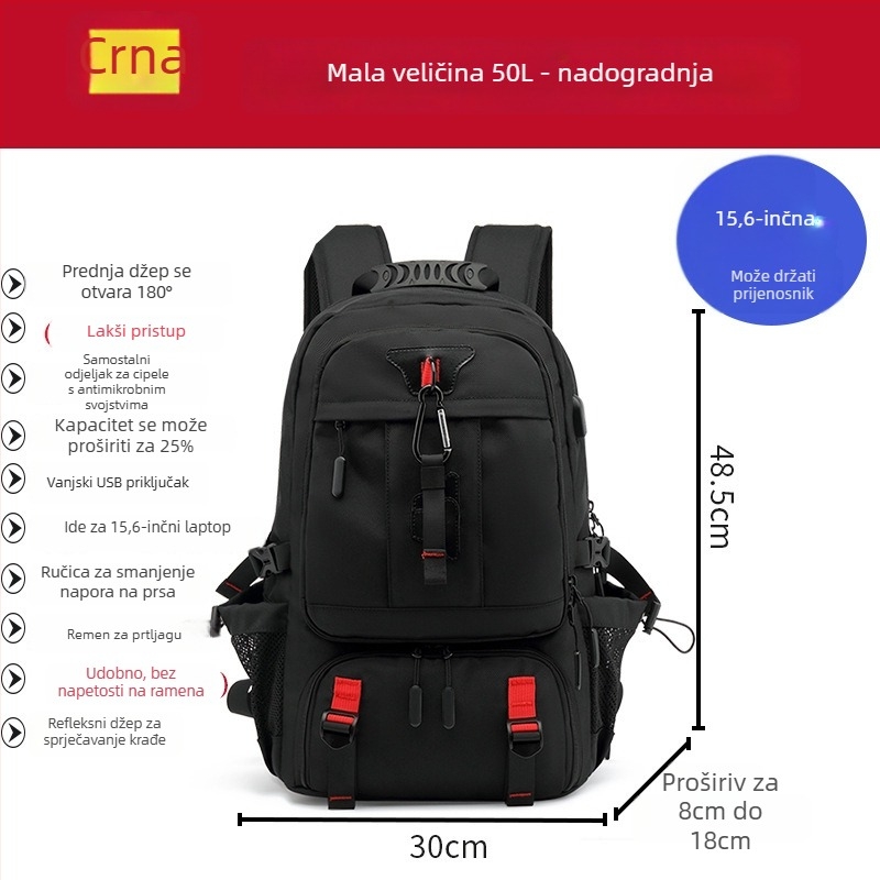 Vanjski planinarski ruksak velike kapacitete, vodootporan, protiv krađe, proširiv, kompatibilan s 16-inčnim laptopom za poslovna putovanja