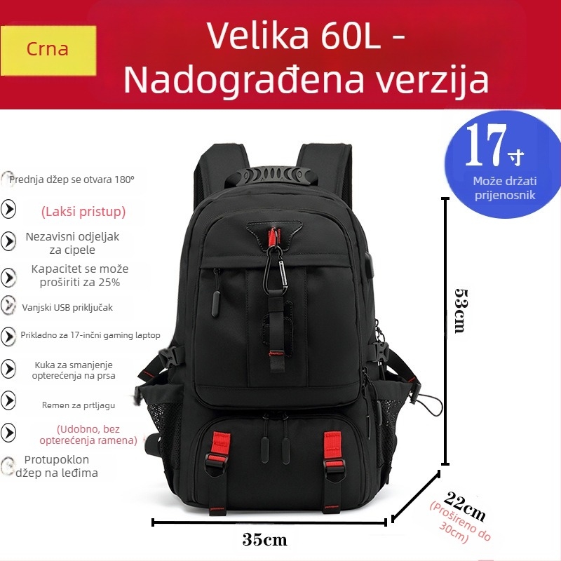 Vanjski planinarski ruksak velike kapacitete, vodootporan, protiv krađe, proširiv, kompatibilan s 16-inčnim laptopom za poslovna putovanja