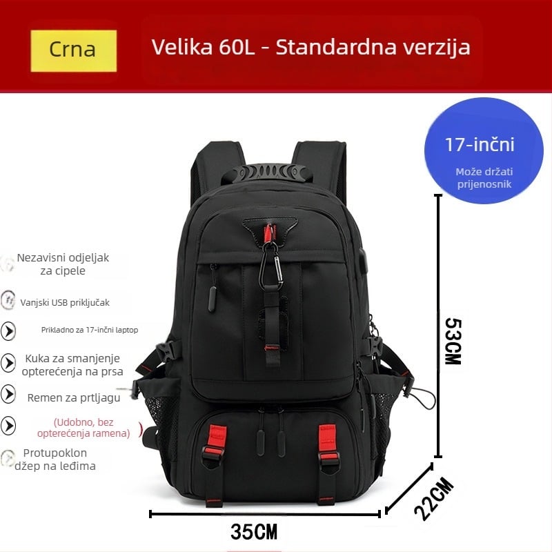 Vanjski planinarski ruksak velike kapacitete, vodootporan, protiv krađe, proširiv, kompatibilan s 16-inčnim laptopom za poslovna putovanja