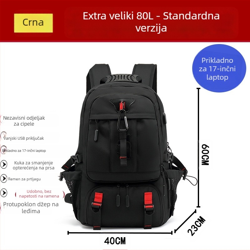 Vanjski planinarski ruksak velike kapacitete, vodootporan, protiv krađe, proširiv, kompatibilan s 16-inčnim laptopom za poslovna putovanja