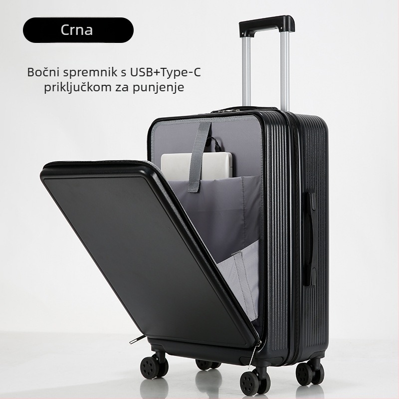 Kofer s prednjim otvaranjem, ABS+PC konstrukcija, velika zapremina, USB priključak za punjenje, proširivi