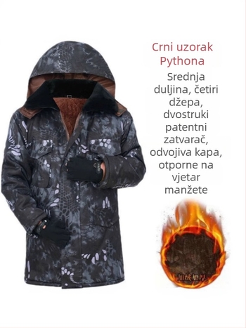 Muški pamučni kaput s maskirnim uzorkom, kapuljača, flis podstava, srednja duljina