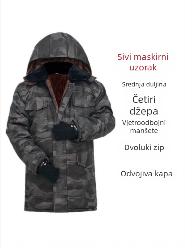 Muški pamučni kaput s maskirnim uzorkom, kapuljača, flis podstava, srednja duljina