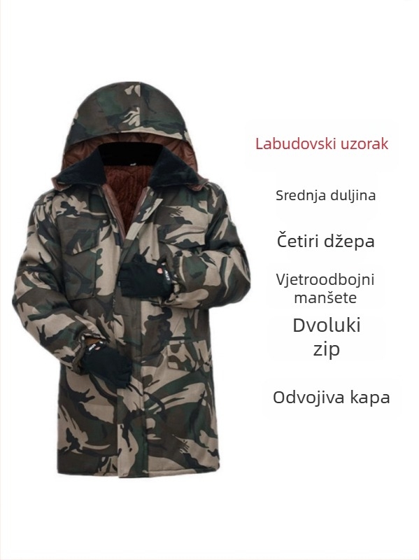 Muški pamučni kaput s maskirnim uzorkom, kapuljača, flis podstava, srednja duljina