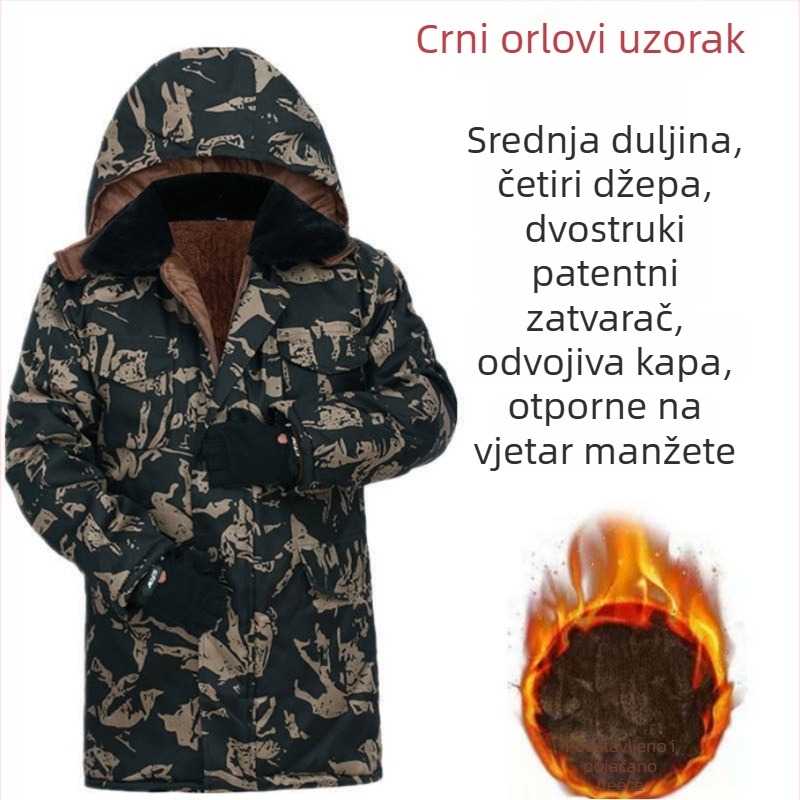 Muški pamučni kaput s maskirnim uzorkom, kapuljača, flis podstava, srednja duljina