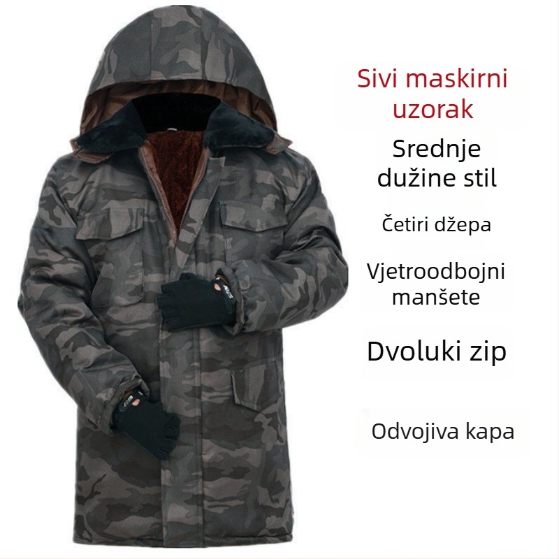 Muški pamučni kaput s maskirnim uzorkom, kapuljača, flis podstava, srednja duljina