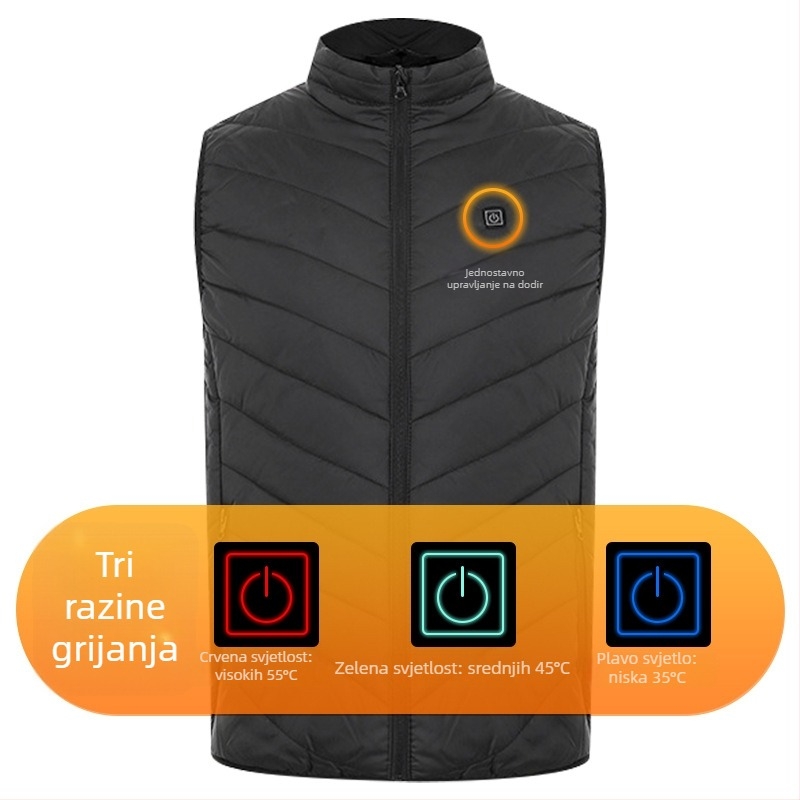 Zimska vanjska grijna vest s devet zona grijanja, ultralakа, topla i otporna na vjetar, kardigan-stil, podstava od pamuka, tkanina od poliestera, unisex, s uklonjivom podstavom