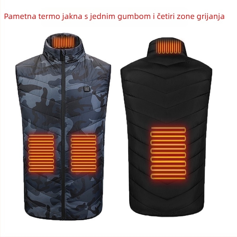 Zimska vanjska grijna vest s devet zona grijanja, ultralakа, topla i otporna na vjetar, kardigan-stil, podstava od pamuka, tkanina od poliestera, unisex, s uklonjivom podstavom