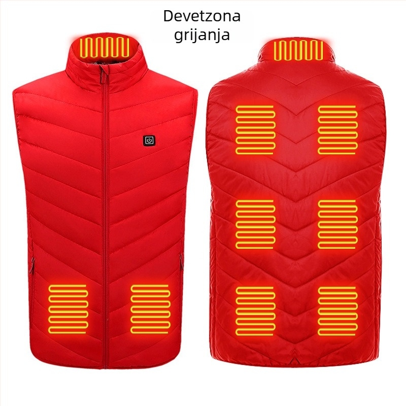 Zimska vanjska grijna vest s devet zona grijanja, ultralakа, topla i otporna na vjetar, kardigan-stil, podstava od pamuka, tkanina od poliestera, unisex, s uklonjivom podstavom