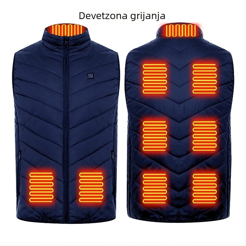 Zimska vanjska grijna vest s devet zona grijanja, ultralakа, topla i otporna na vjetar, kardigan-stil, podstava od pamuka, tkanina od poliestera, unisex, s uklonjivom podstavom