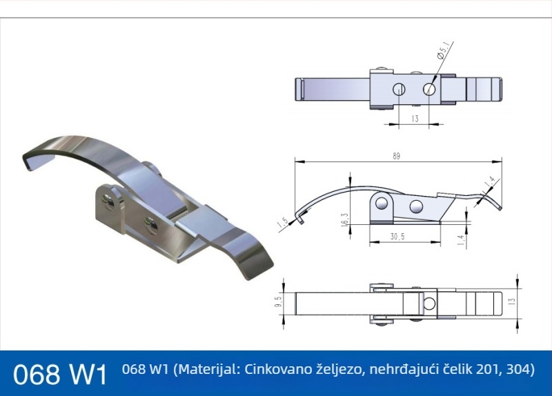Nerđajući čelik – prilagodljiva sigurnosna kopča za strojeve za ubrizgavanje i vakuumske uređaje; model Safety buckle; dugi teški kuk; završna obrada: vibracijsko brušenje