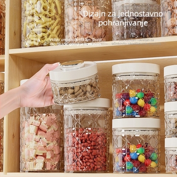 Plastični spremnik za skladištenje s pritisknim zatvaranjem, proziran, 301–500 ml, pogodan za žitarice, orašaste plodove, čaj i grickalice, moderni minimalistički stil