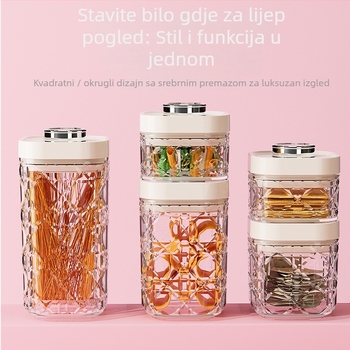 Plastični spremnik za skladištenje s pritisknim zatvaranjem, proziran, 301–500 ml, pogodan za žitarice, orašaste plodove, čaj i grickalice, moderni minimalistički stil