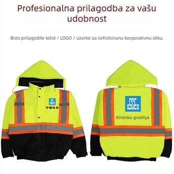 Zimska sigurnosna jakna s reflektirajućim trakama, podijeljeni dizajn, materijal visoke sjajnosti od kemijskih vlakana; težina 1000