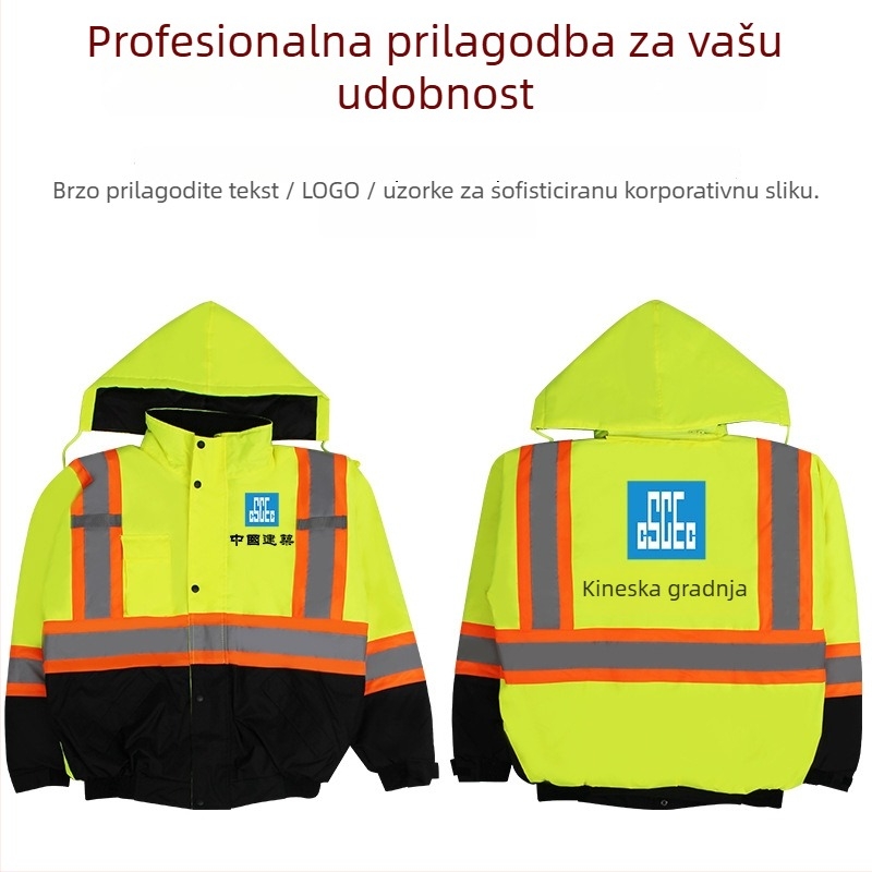 Zimska sigurnosna jakna s reflektirajućim trakama, podijeljeni dizajn, materijal visoke sjajnosti od kemijskih vlakana; težina 1000