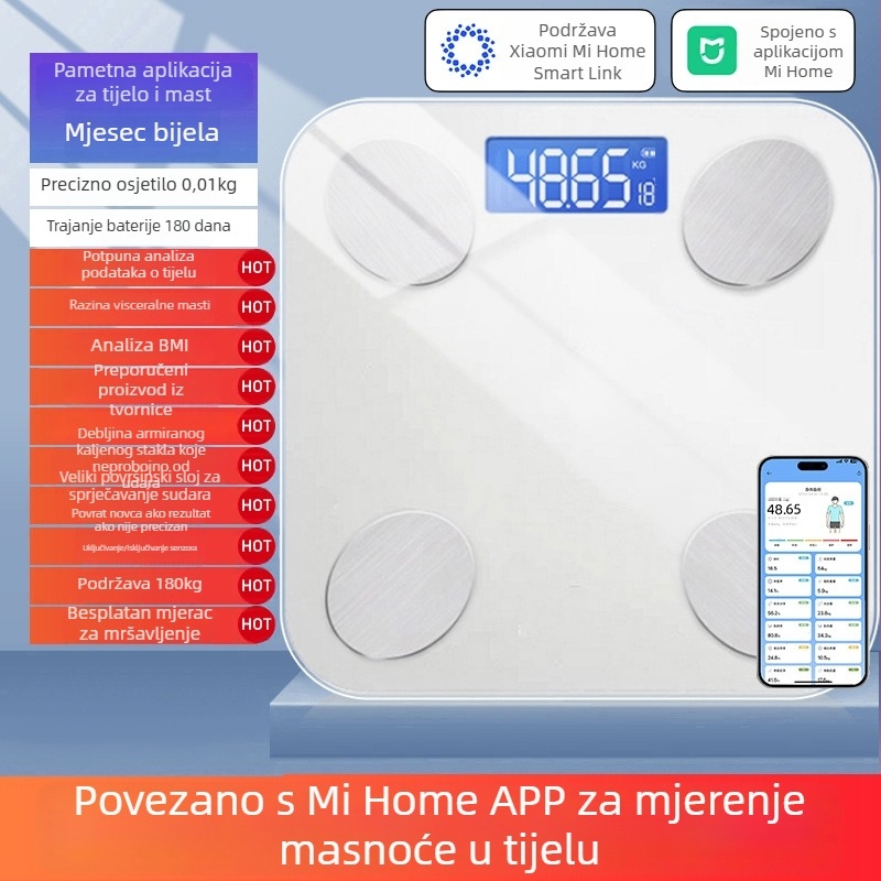 Skala za masnoću tijela s kompatibilnošću s Mijia aplikacijom; mjeri težinu, masnoću i vlagu; maksimalna nosivost 180 kg; napajanje USB/baterija.