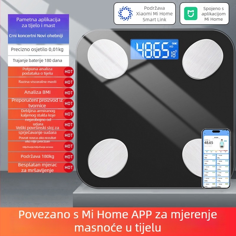 Skala za masnoću tijela s kompatibilnošću s Mijia aplikacijom; mjeri težinu, masnoću i vlagu; maksimalna nosivost 180 kg; napajanje USB/baterija.