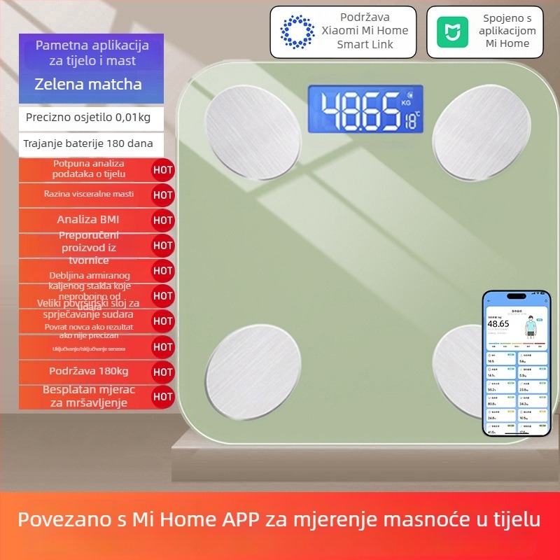 Skala za masnoću tijela s kompatibilnošću s Mijia aplikacijom; mjeri težinu, masnoću i vlagu; maksimalna nosivost 180 kg; napajanje USB/baterija.